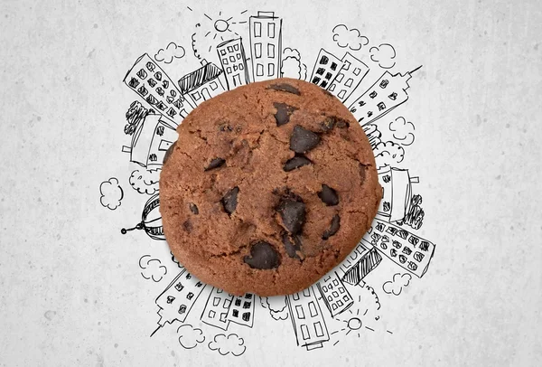 Cookie with doodle painting of city — Stock Photo, Image