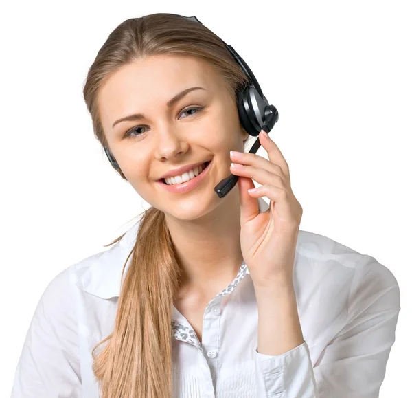 Joven mujer de negocios en auriculares — Foto de Stock