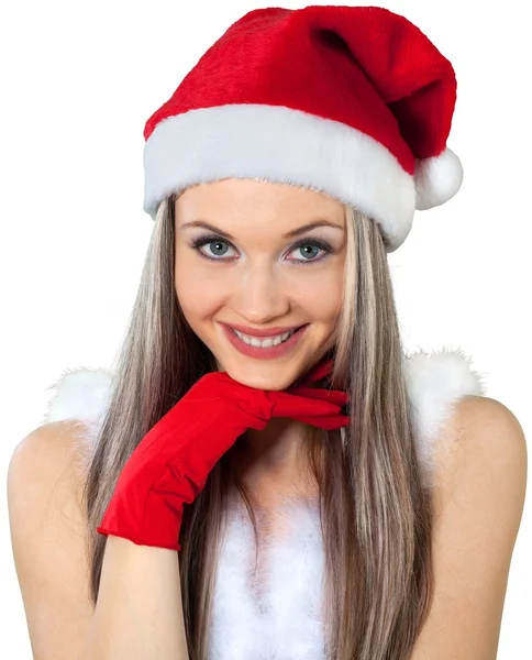 Mooie vrouw in santa hoed — Stockfoto