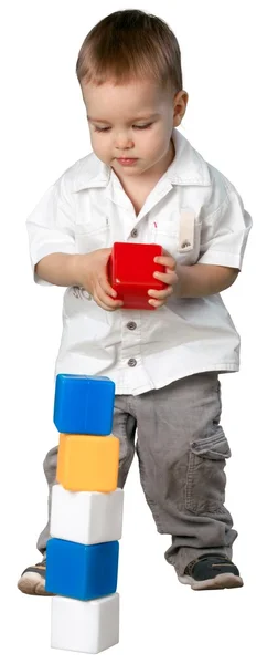 Menino Brincando Com Cubos Casa — Fotografia de Stock