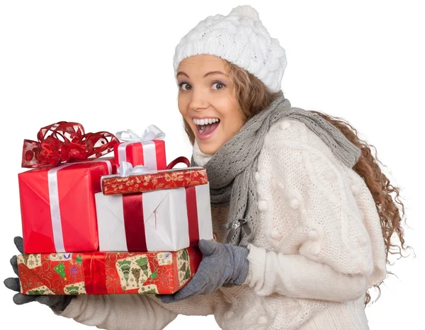 Frau mit vielen Geschenkboxen — Stockfoto