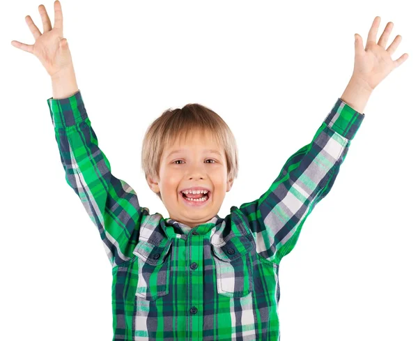 Смешной мальчик с поднятыми руками — стоковое фото