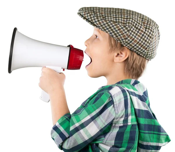 Little boy using megaphone shouting — Stock Photo, Image