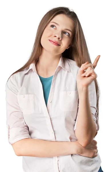 Junge Frau mit erhobenem Finger — Stockfoto