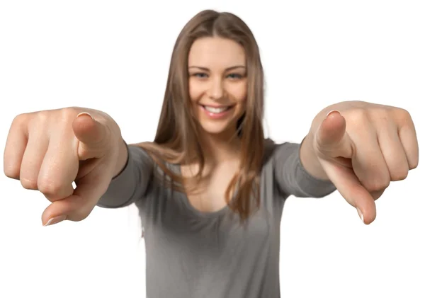 Beautiful girl pointing with fingers — Stock Photo, Image