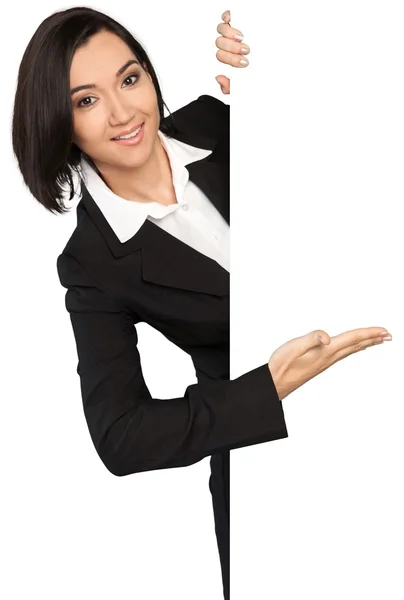 Mulher de negócios sorridente com branco em branco — Fotografia de Stock