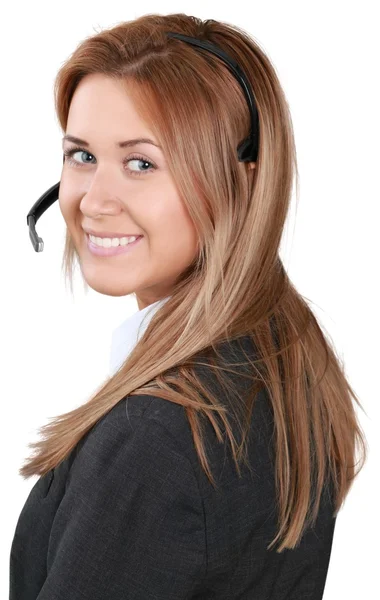 Jeune femme visage avec écouteurs — Photo