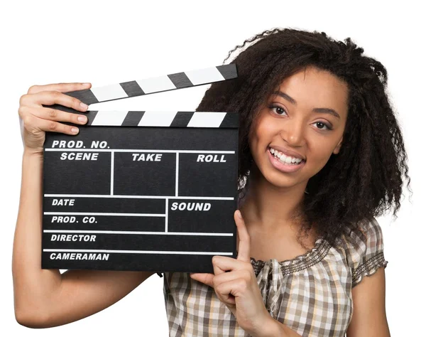 Young woman with movie clapper — Stock Photo, Image