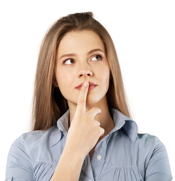 Woman holding finger on face Royalty Free Stock Images