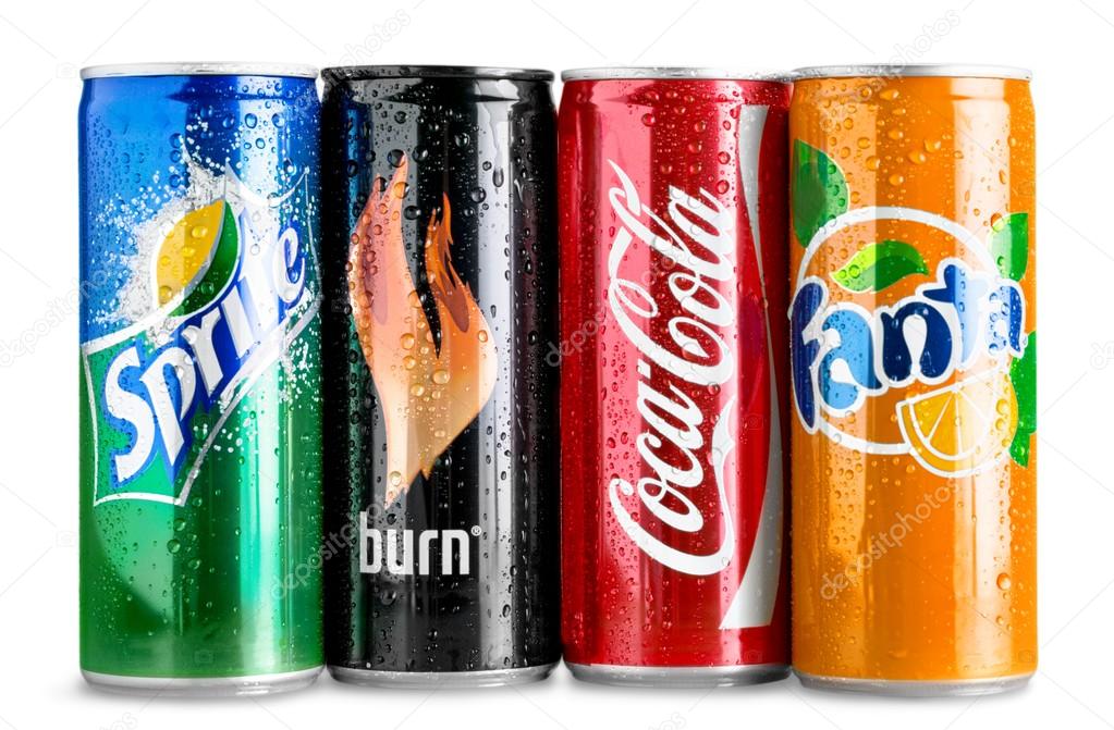 KHERSON, UKRAINE - NOVEMBER 11, 2014: Coca Cola,Fanta,burn  and Sprite cans isolated on white background