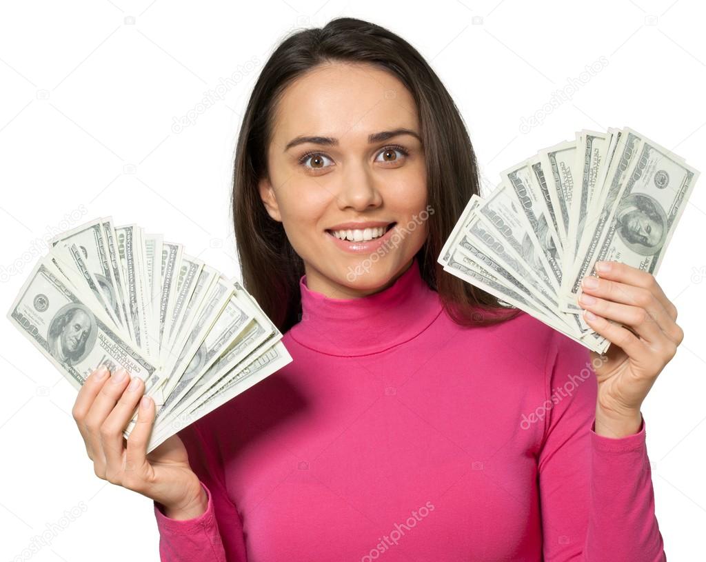 Young happy woman with dollars