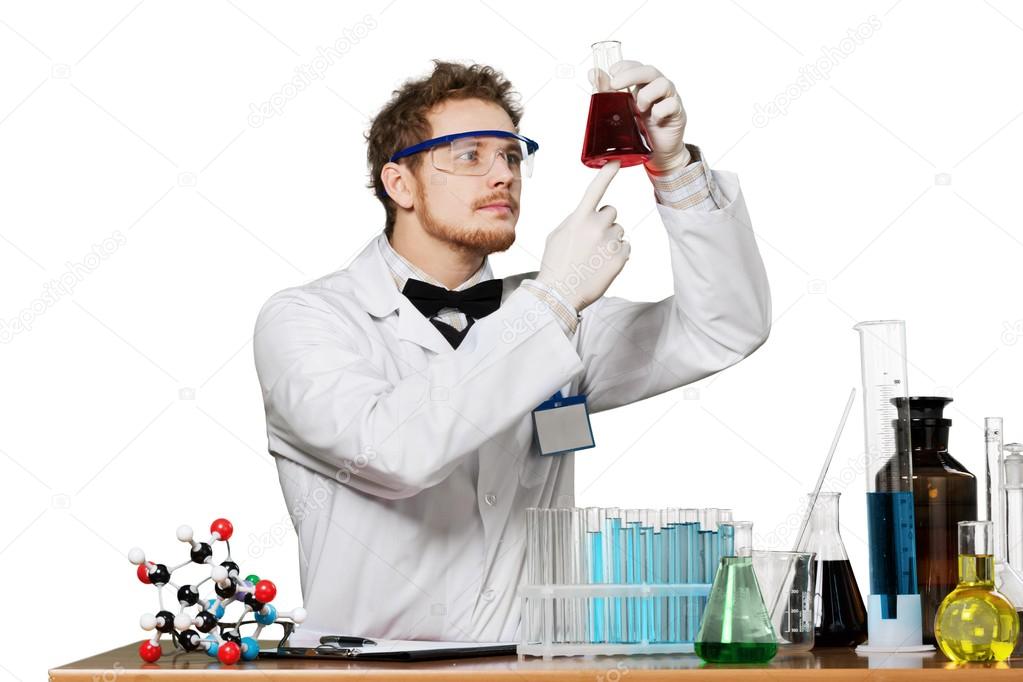 scientist man with colored liquid