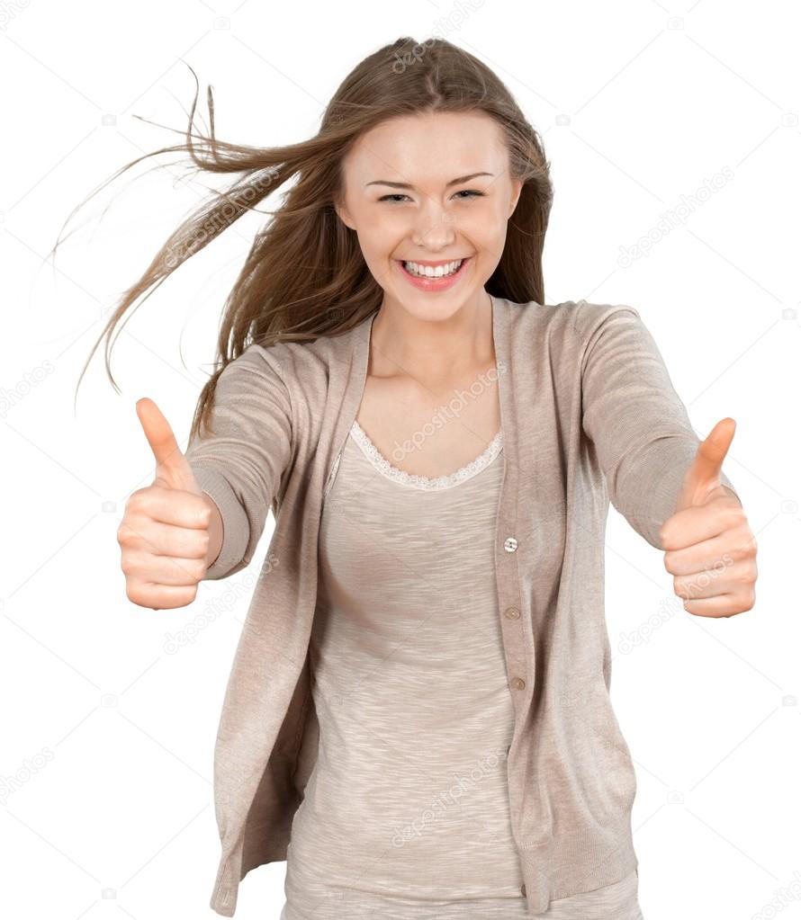 beautiful girl showing thumbs up