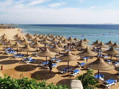 deniz kıyısı, şemsiye ile kumlu plaj