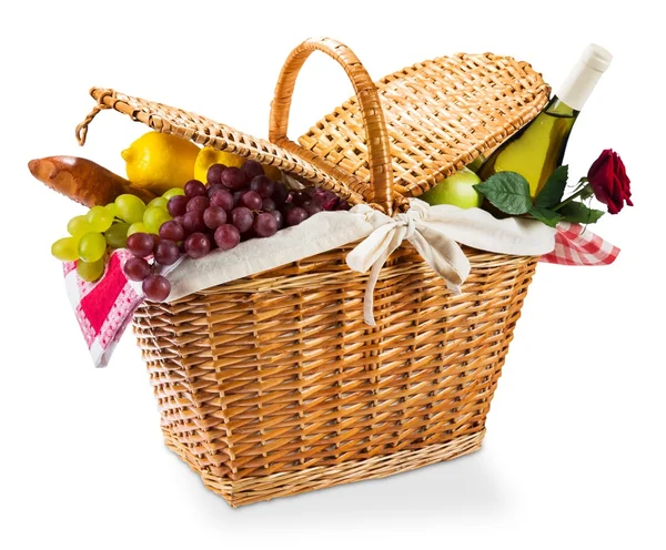 Wicker picnic basket with a red gingham — Stock Photo, Image