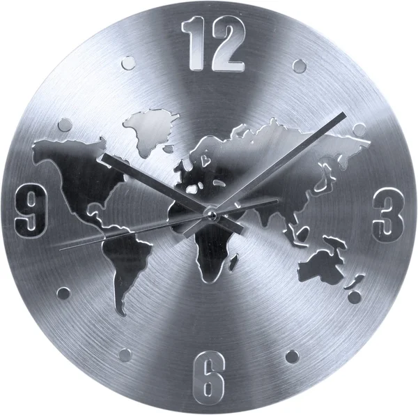 Stainless clock with world map sign — Stock Photo, Image
