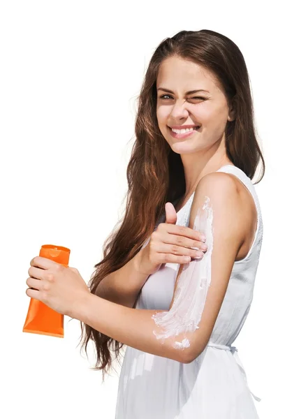 防晒霜太阳能奶油的女人 — 图库照片