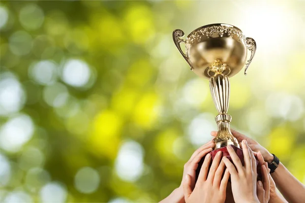 Mãos segurando troféu dourado — Fotografia de Stock