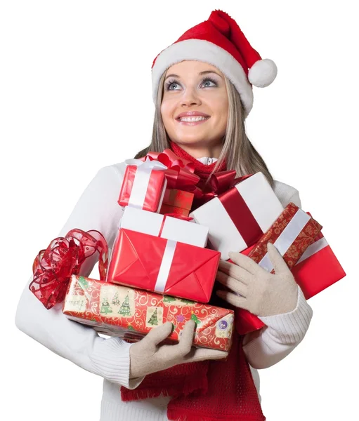 Woman with many gift boxes — Stock Photo, Image