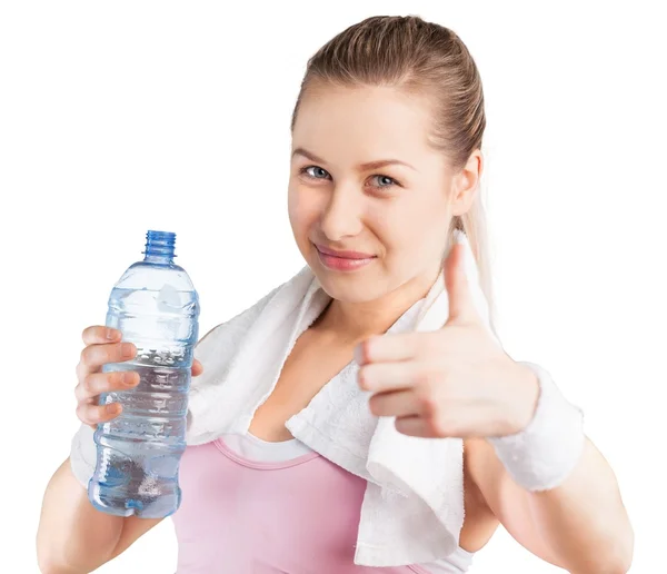Γυναίκα πόσιμο νερό μετά τη δουλειά έξω — Φωτογραφία Αρχείου
