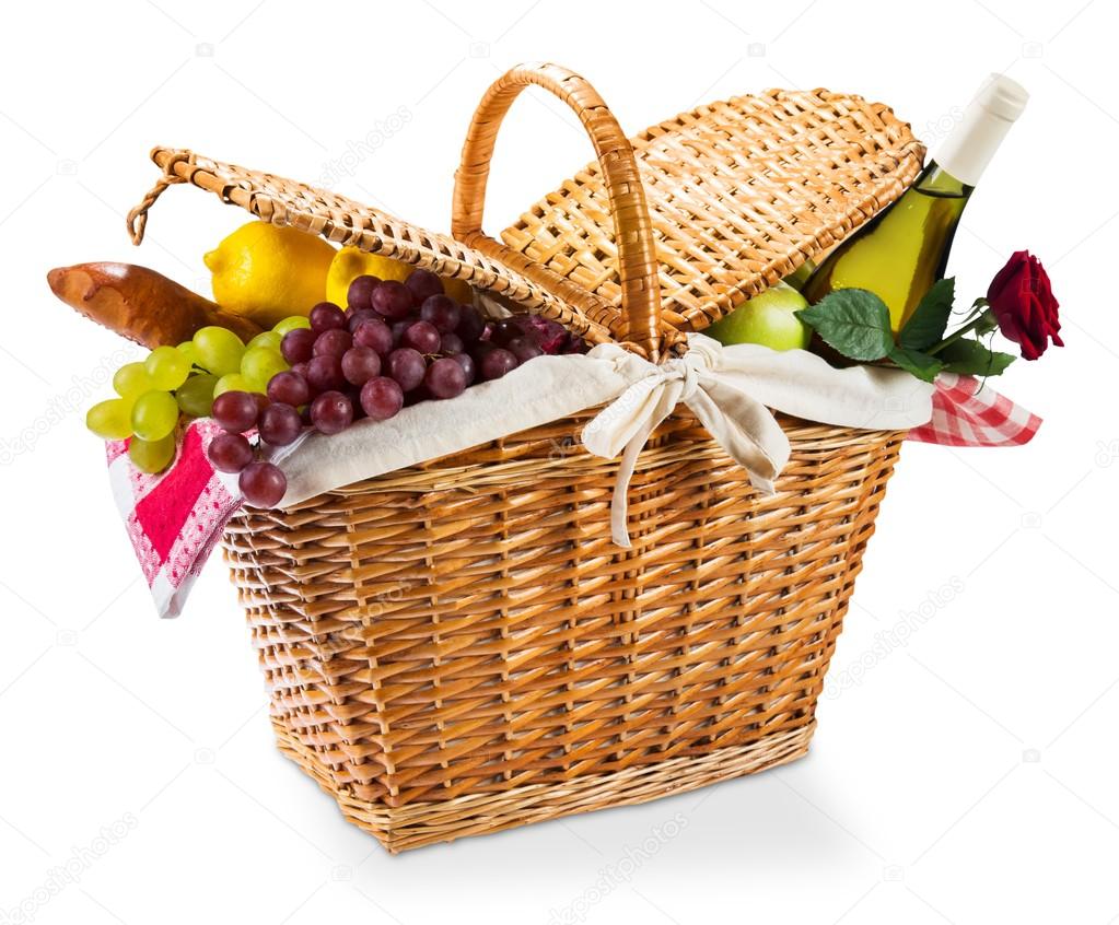 wicker picnic basket with a red gingham