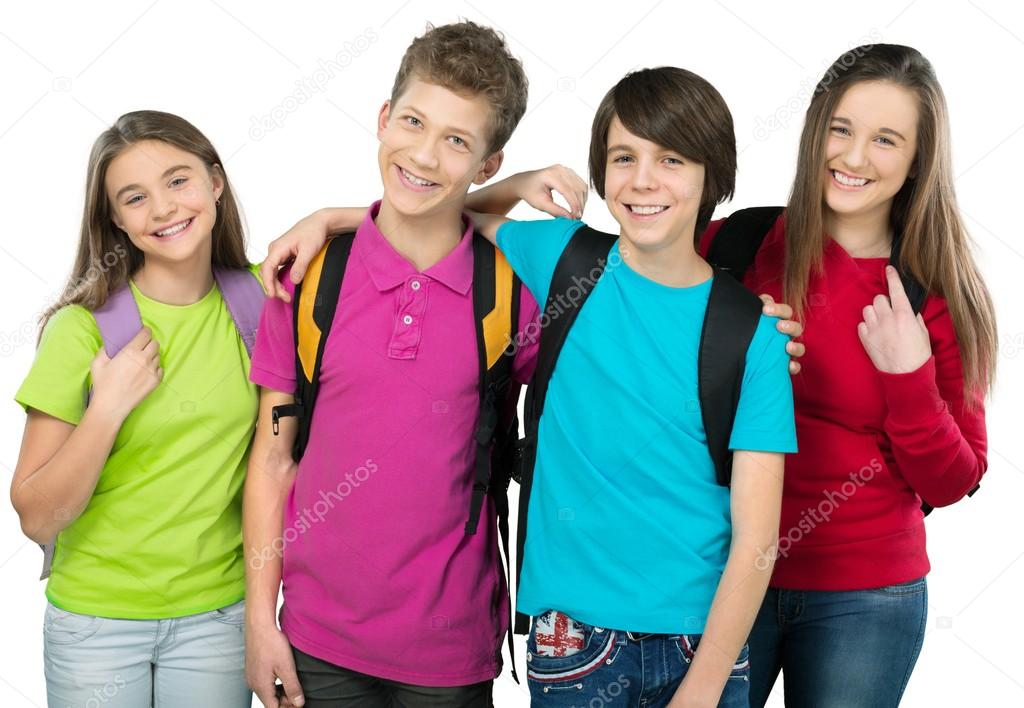 Friendly school children with backpacks