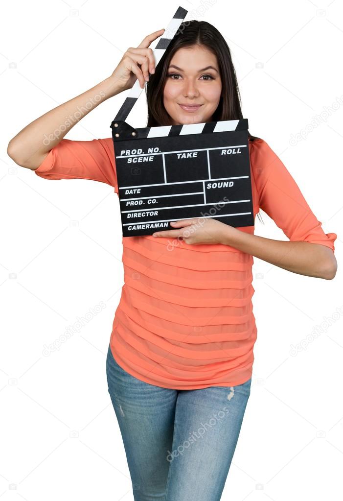  young woman with movie clapper