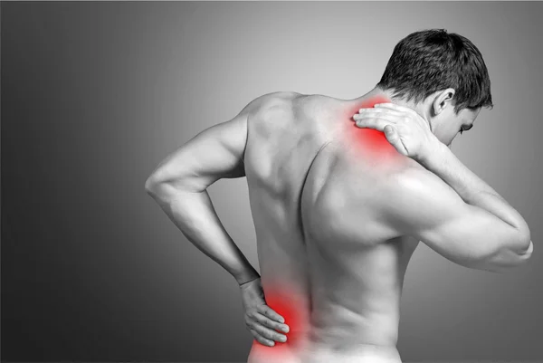Homem forte com dor no pescoço — Fotografia de Stock
