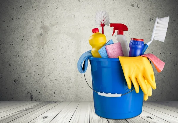 plastic bottles, cleaning sponge and gloves