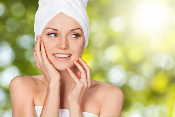 Woman  in white towel on head — Stock Photo, Image