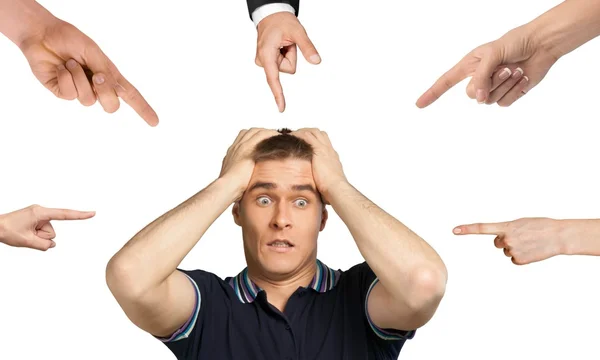 Hands pointing with fingers on young man — Stock Photo, Image