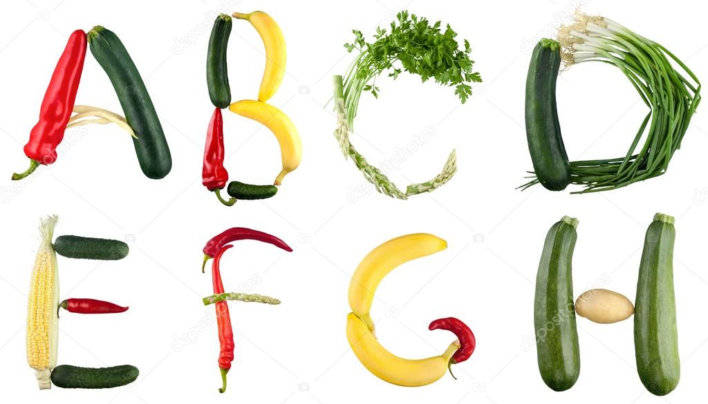 Alphabet letters layed out of fruits and vegetables Stock Photo by ©billiondigital 118689490