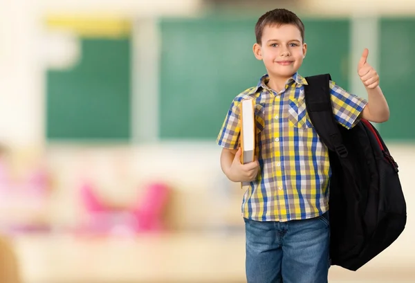 Menino da escola com livro e mochila — Fotografia de Stock