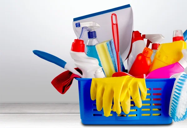 Plastic bottles, cleaning sponges and gloves — Stock Photo, Image