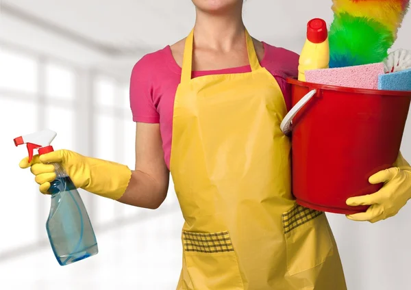 Mujer joven con productos de limpieza — Foto de Stock