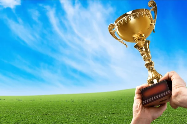 Hand holding golden trophy — Stock Photo, Image