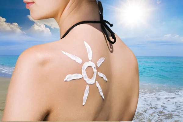 Woman with Sunscreen Solar Cream — Stock Photo, Image