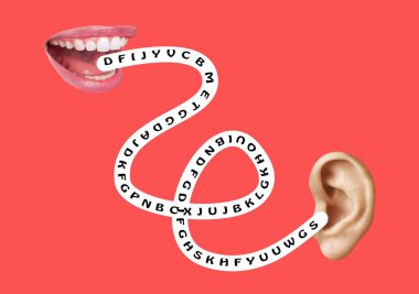 Endless talks about nothing. Human mouth talks to male ear. Modern design, contemporary art collage. Inspiration, idea, trendy style. Space to insert your text or ad.