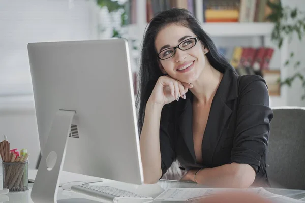 Young Pretty Business Woman Working Office Room Woman Holds Myself — Stockfoto