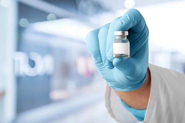 Doctors Hand Medical Glove Holds Bottle Vaccine Coronavirus — Stock Fotó