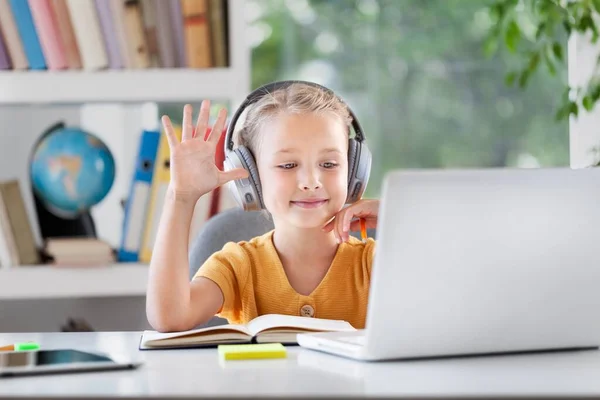 Smiling Little Child Headphones Have Video Call Distant Class Using — 图库照片