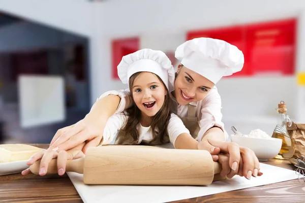 Smiling Women Child Have Fun Baking Together Dough Home Kitchen — Stock Fotó