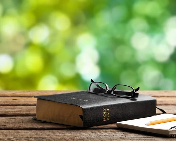 Kutsal İncil, defter ve doğal arka planı olan kalem.