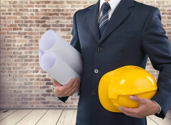 Man Architect Wearing Suit Holding Blueprint Helmet Confident Construction Manager — Stock Photo, Image