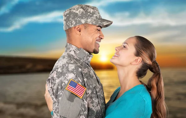 Serie Familia Del Ejército Soldado Americano Verdadero Con Hijo Esposa — Foto de Stock