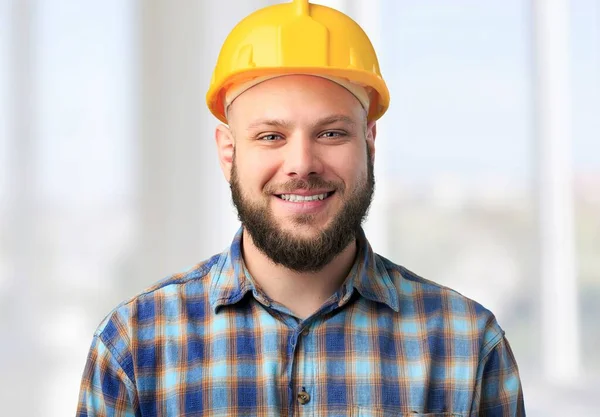 Profissão Construção Construção Trabalhador Masculino Feliz Construtor Capacete — Fotografia de Stock