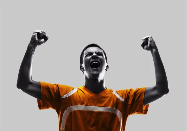 Futbolista Brasileño Joven Joven Felicidad Alegría Apuntando Hacia Arriba Estudio — Foto de Stock