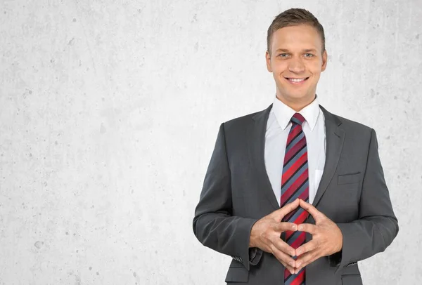 Vrolijke Zakenman Gebaren Tegen Witte Achtergrond — Stockfoto