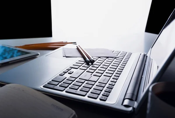 Closeup Workspace Modern Creative Laptop Cup Coffee Pencils Horizontal Copy — Stock Photo, Image