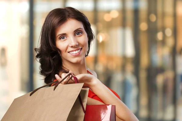 Venda Compras Turismo Conceito Pessoas Felizes Mulher Bonita Com Sacos — Fotografia de Stock